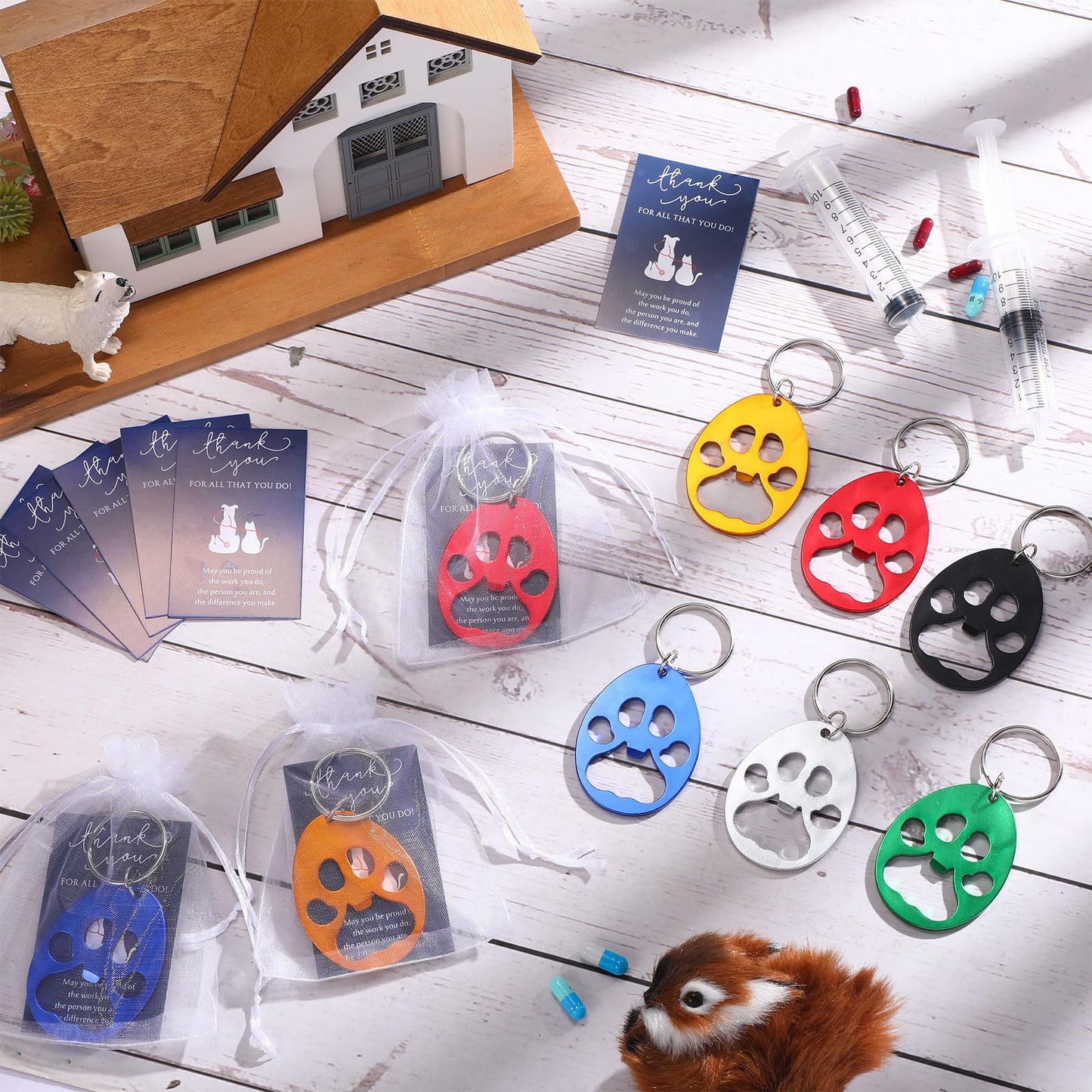 Reallnaive 12 Sets Veterinary Gifts Bulk Paw Print Bottle Opener Keychain Beer Opener Tool Thank You Gift for Women Veterinarian