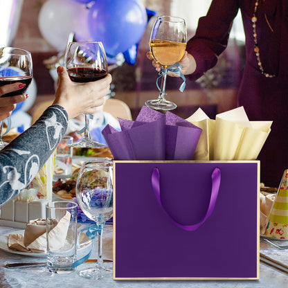 ReliThick 12 Pack Metallic Paper Gift Bag with Handles and Tissue Paper 11.8 x 10 x 4'' Thank You Favor Bag for Graduation Mother's Day Wedding Bridesmaid Groomsman 5 Senses Gifts (Dark Purple,Gold)