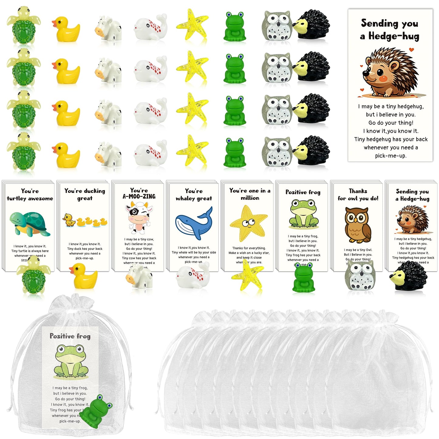 32 Set Employee Appreciation Gift Bulk 32 PCS Cards Organza Bags Funny Resin Animal Figures Hedgehog Cow Owl Duck Turtle Starfish Frog Whale for Coworkers Staff Office Favors 96 PCS