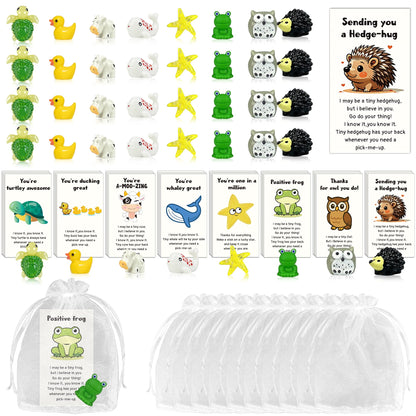 32 Set Employee Appreciation Gift Bulk 32 PCS Cards Organza Bags Funny Resin Animal Figures Hedgehog Cow Owl Duck Turtle Starfish Frog Whale for Coworkers Staff Office Favors 96 PCS