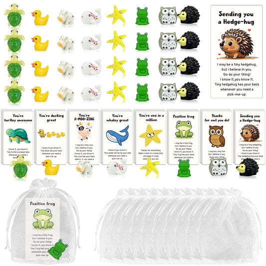 32 Set Employee Appreciation Gift Bulk 32 PCS Cards Organza Bags Funny Resin Animal Figures Hedgehog Cow Owl Duck Turtle Starfish Frog Whale for Coworkers Staff Office Favors 96 PCS