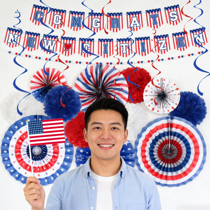 Us Citizenship Party Decorations - 31 Pcs Concrats New Citizen Banner Garland Hanging Swirls Paper Fans Pom Poms Americal Flags Decor Set Oath Ceremonies Patriotic Gift Ideas Supplies