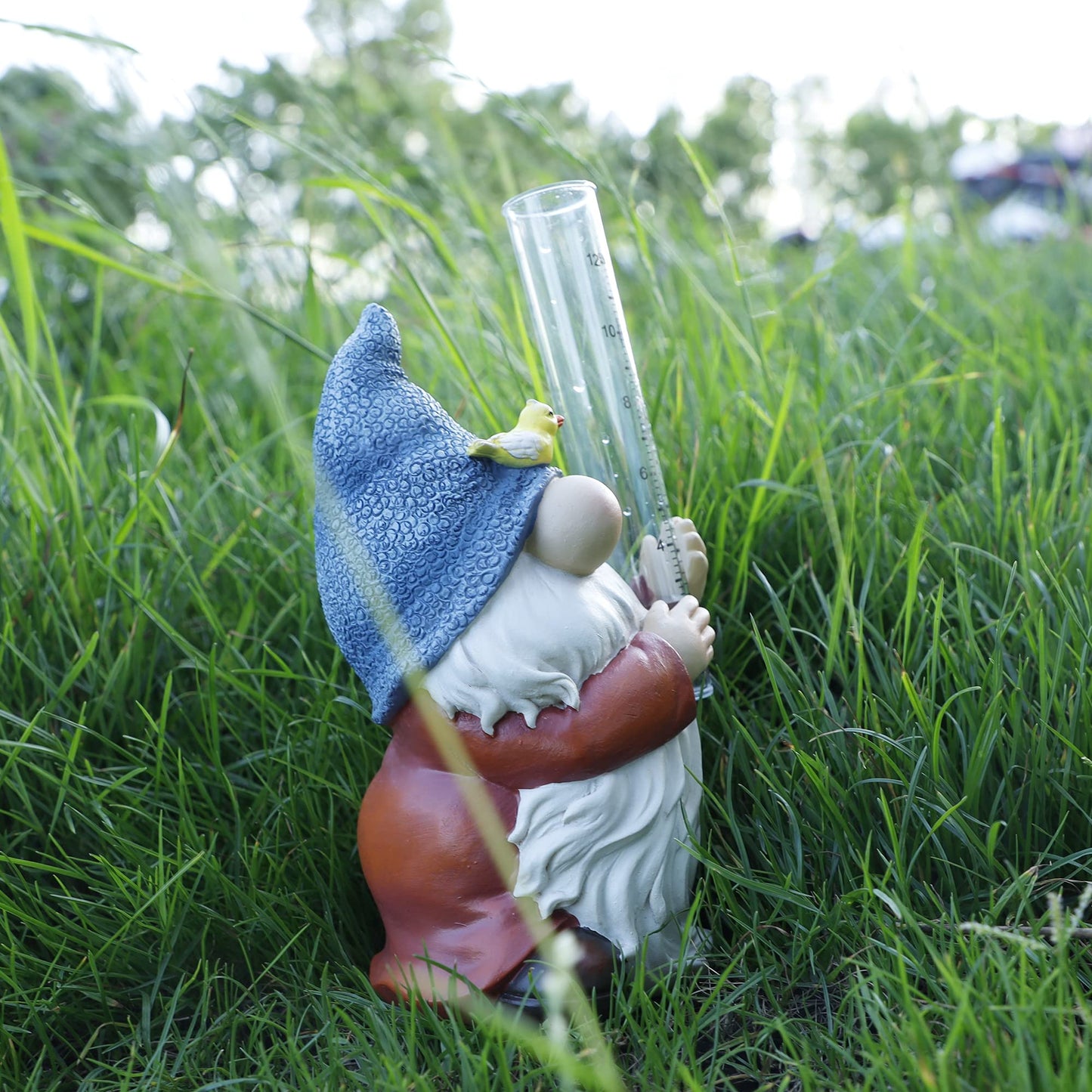 FORUP Resin Gnome Rain Gauge, Hand Painted Gnome Statue with Plastic Rain Gauge