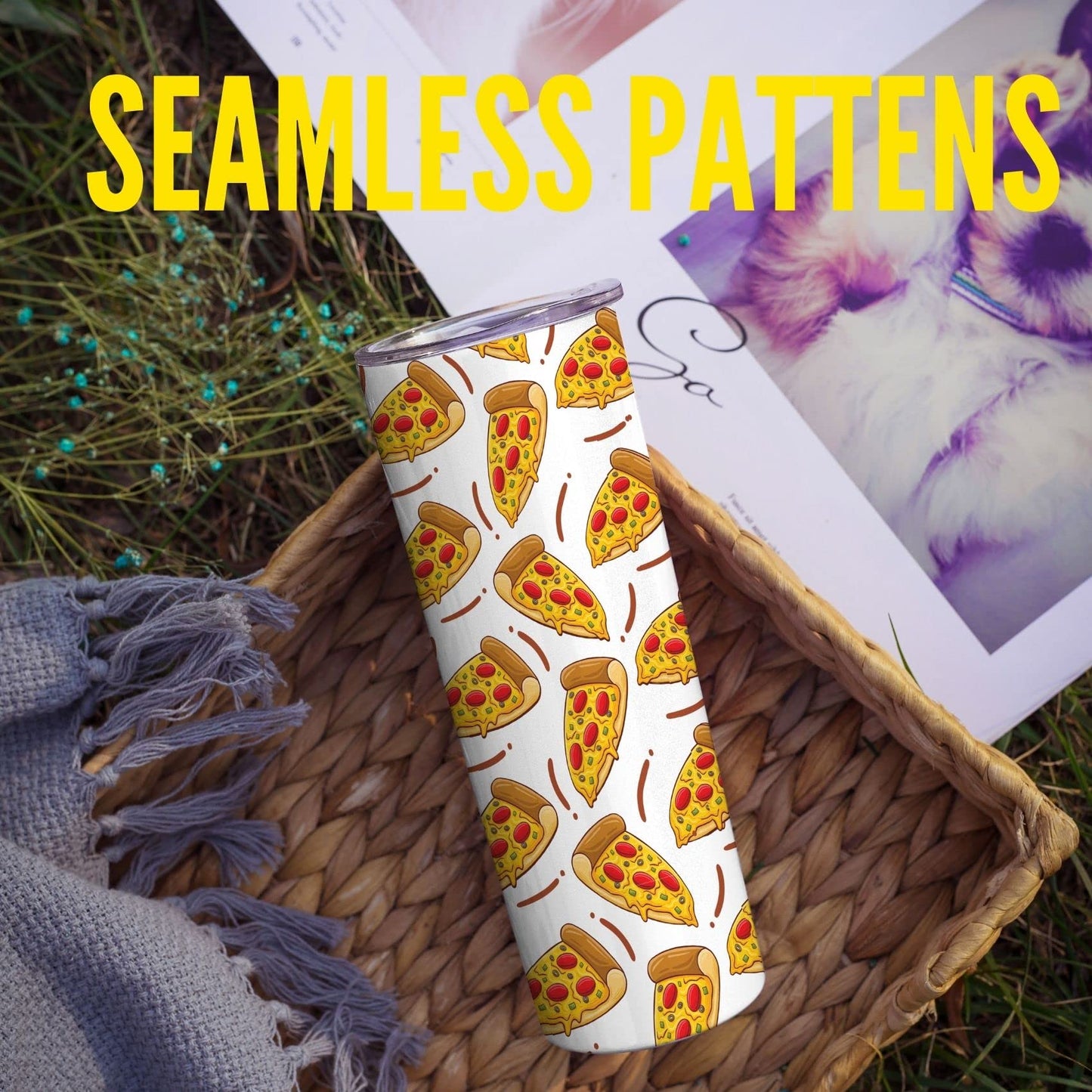 Onebttl Pizza Gifts for Pizza Lover Women, Seamless Pizza Pattern, Gift for Coworkers, Sisters, 20oz Skinny Tumbler with Lid and Straw, White