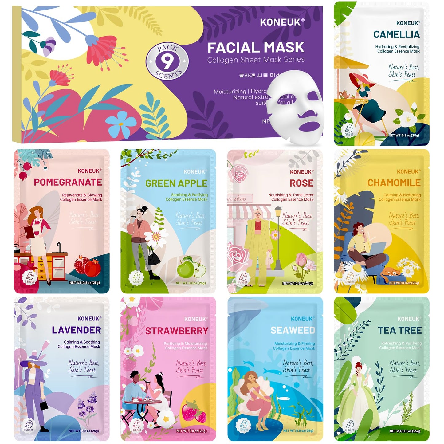 KONEUK 9 Pack Hydrating Face Masks Skincare, Bulk Sheet Face Mask for Dry Skin, Collagen Facial Masks Spa Gifts for Women Skin Care, Mothers Day Gifts for Mom, Teacher Gifts and Nurse Gifts