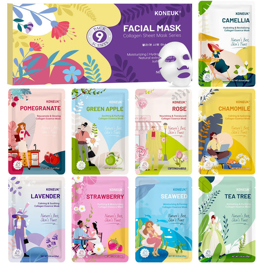 KONEUK 9 Pack Hydrating Face Masks Skincare, Bulk Sheet Face Mask for Dry Skin, Collagen Facial Masks Spa Gifts for Women Skin Care, Mothers Day Gifts for Mom, Teacher Gifts and Nurse Gifts