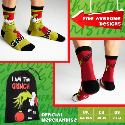 The Grinch Socks for Men & Teens Size 7-11, Pack of 5 or 6 Soft Breathable Crew Socks, Xmas Gifts for Him
