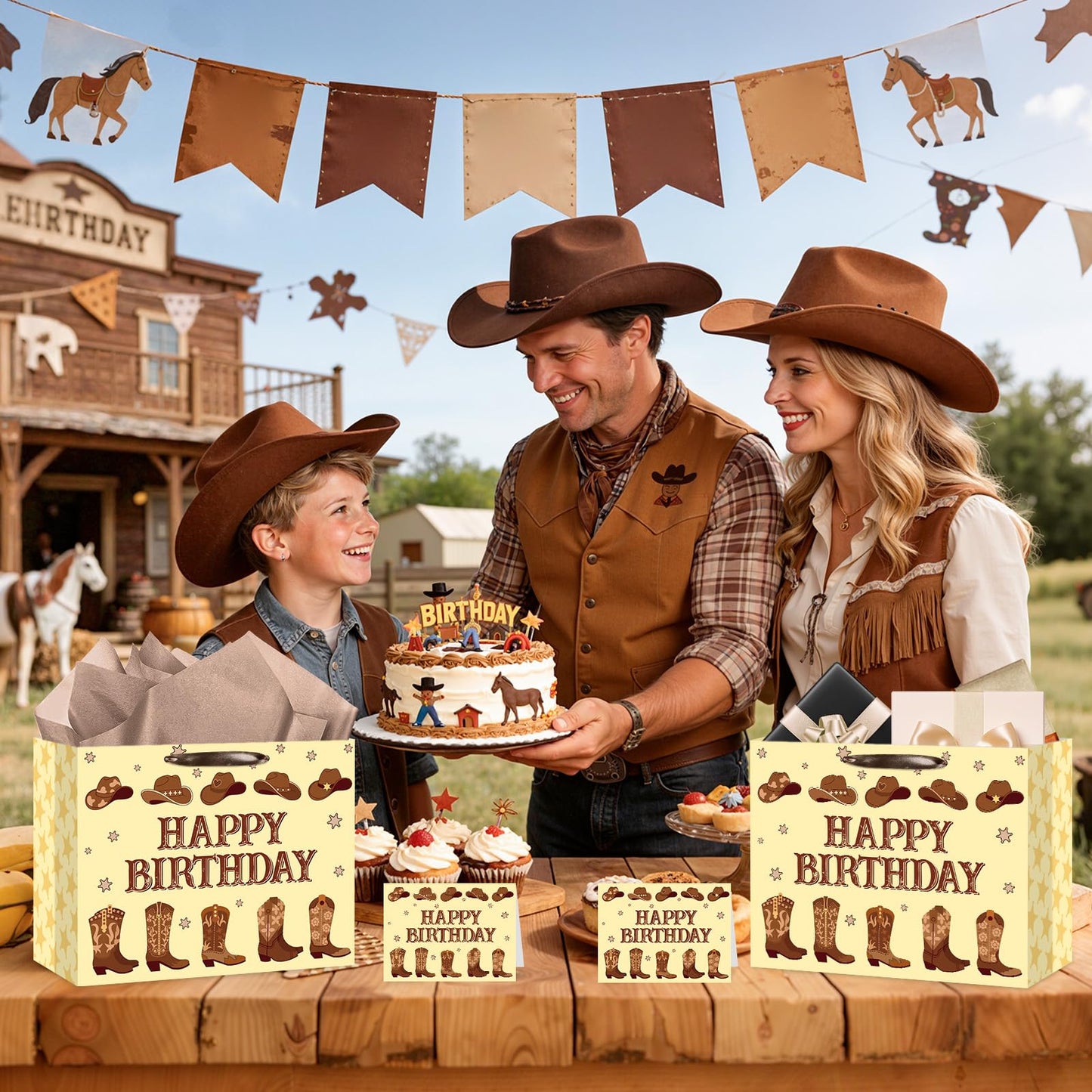 Cowboy Birthday Gift Bag Western Rodeo Baby Shower Gifts Bag with Tissue Paper Card Brown Cowboy Boots Wrapping Paper Bag for Boy Men Adult Birthday First Rodeo Western Theme Party Favor Decoration