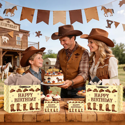 Cowboy Birthday Gift Bag Western Rodeo Baby Shower Gifts Bag with Tissue Paper Card Brown Cowboy Boots Wrapping Paper Bag for Boy Men Adult Birthday First Rodeo Western Theme Party Favor Decoration