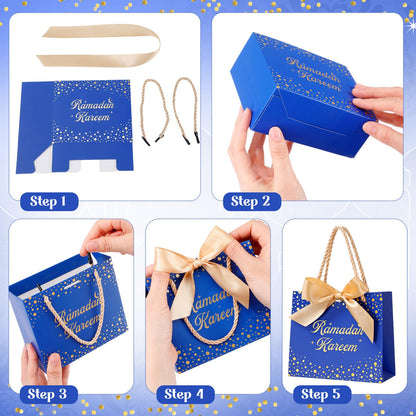 Glenmal 30 Pcs 5.51x2.36x4.72'' Ramadan Gift Bags Ramadan Mubarak Blue Paper Party Bags Eid Mubarak Treat Goodie Bag with Handle and Ribbon for Ramadans Kareem Eid Mubarak's Party Supplies