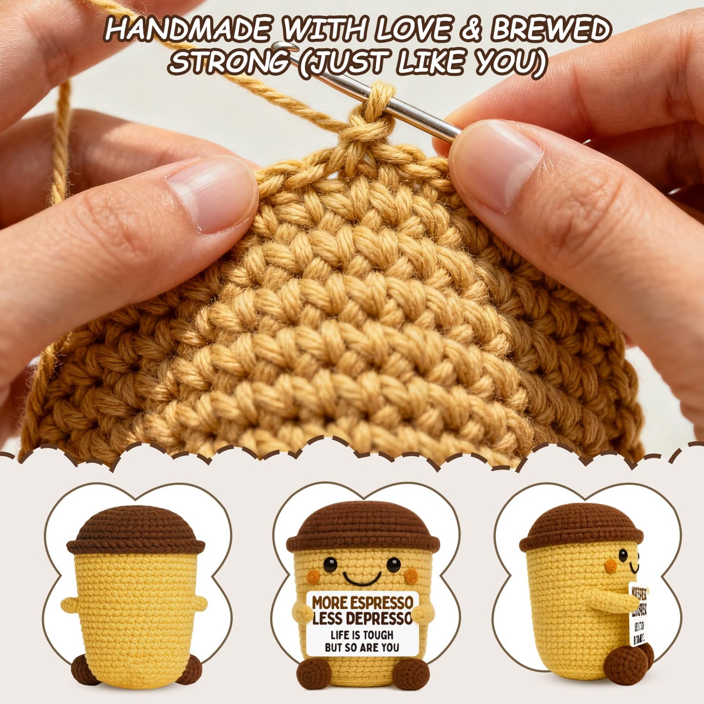 Funny Coffee Lover Gifts for Women Men - Encouragement Gifts for Coworker Friend - Handmade Crochet Coffee - Unique Inspirational Desk Decor & Thinking of You Gift
