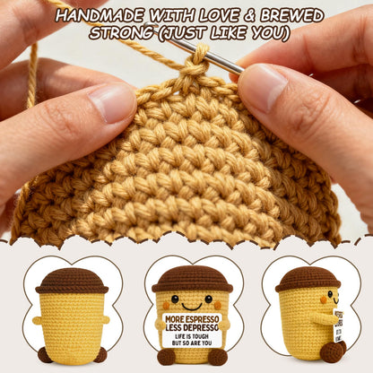 Funny Coffee Lover Gifts for Women Men - Encouragement Gifts for Coworker Friend - Handmade Crochet Coffee - Unique Inspirational Desk Decor & Thinking of You Gift
