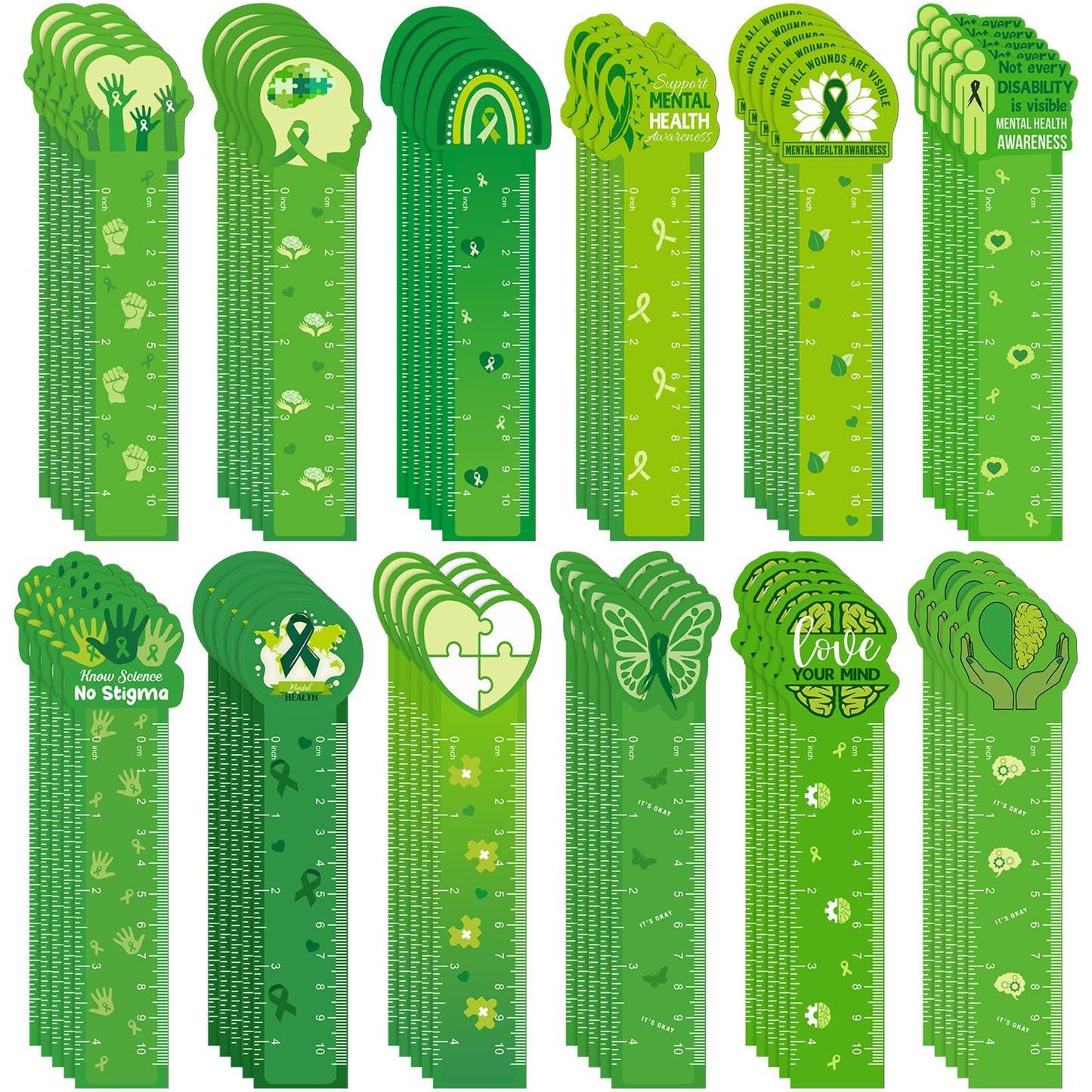 Skyygemm 120 Pcs Mental Health Awareness Bookmarks Ruler Bulk Gifts Green Positive Psychology Affirmations Therapy Inspirational Spiritual Gifts Mental Health Month Events Book Markers for Students