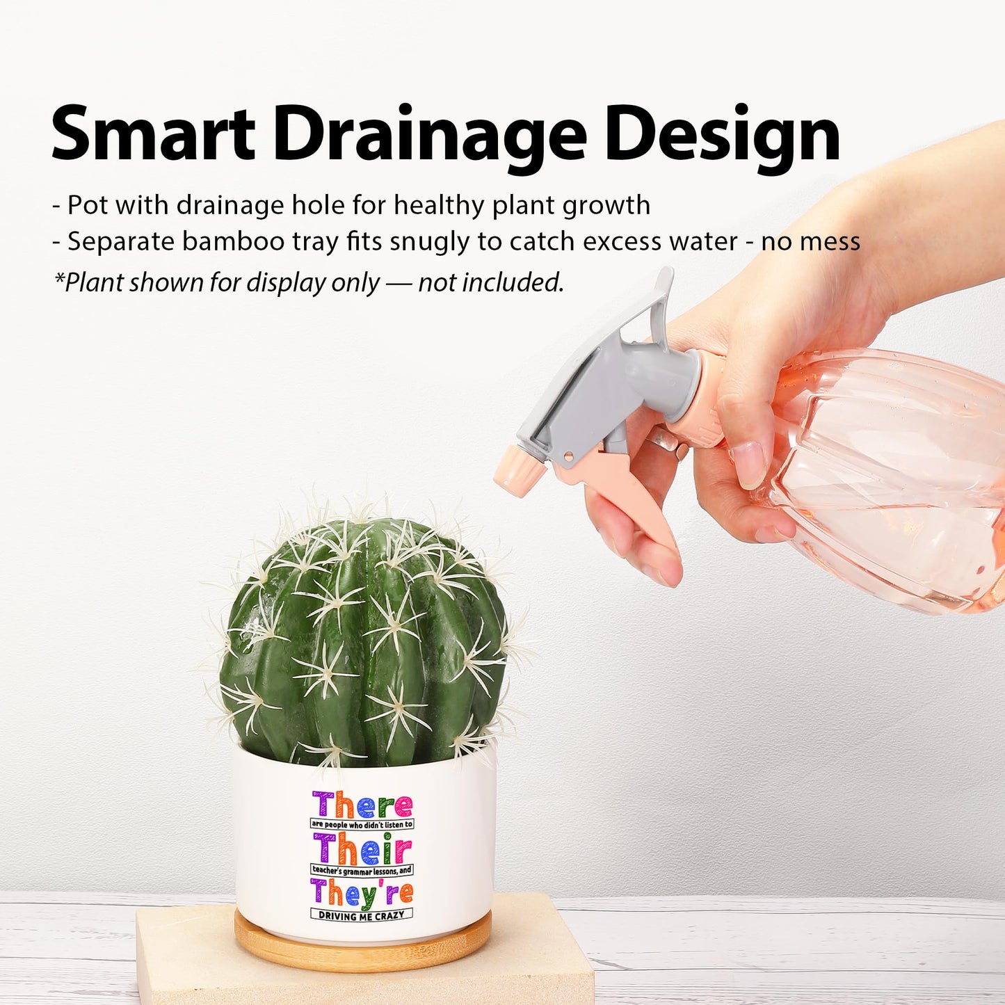 There Their They're Grammar English Teacher Gifts Editors Writers Teacher Appreciation Day Gifts Ceramic Succulent Plant Pot with Bamboo Tray Round Home Office Decor 3.5 Inch White (No Plants)