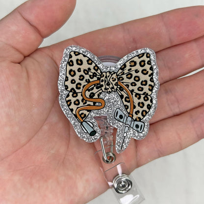Leopard Bow Phlebotomy Nurse Badge Reel Retractable, Funny Phlebotomist Badge Reel for Work, Personalized Phlebotomy Tech Gifts, Cute Phleb Badge Holder with Alligator Clip & 24” Durable Nylon Cord