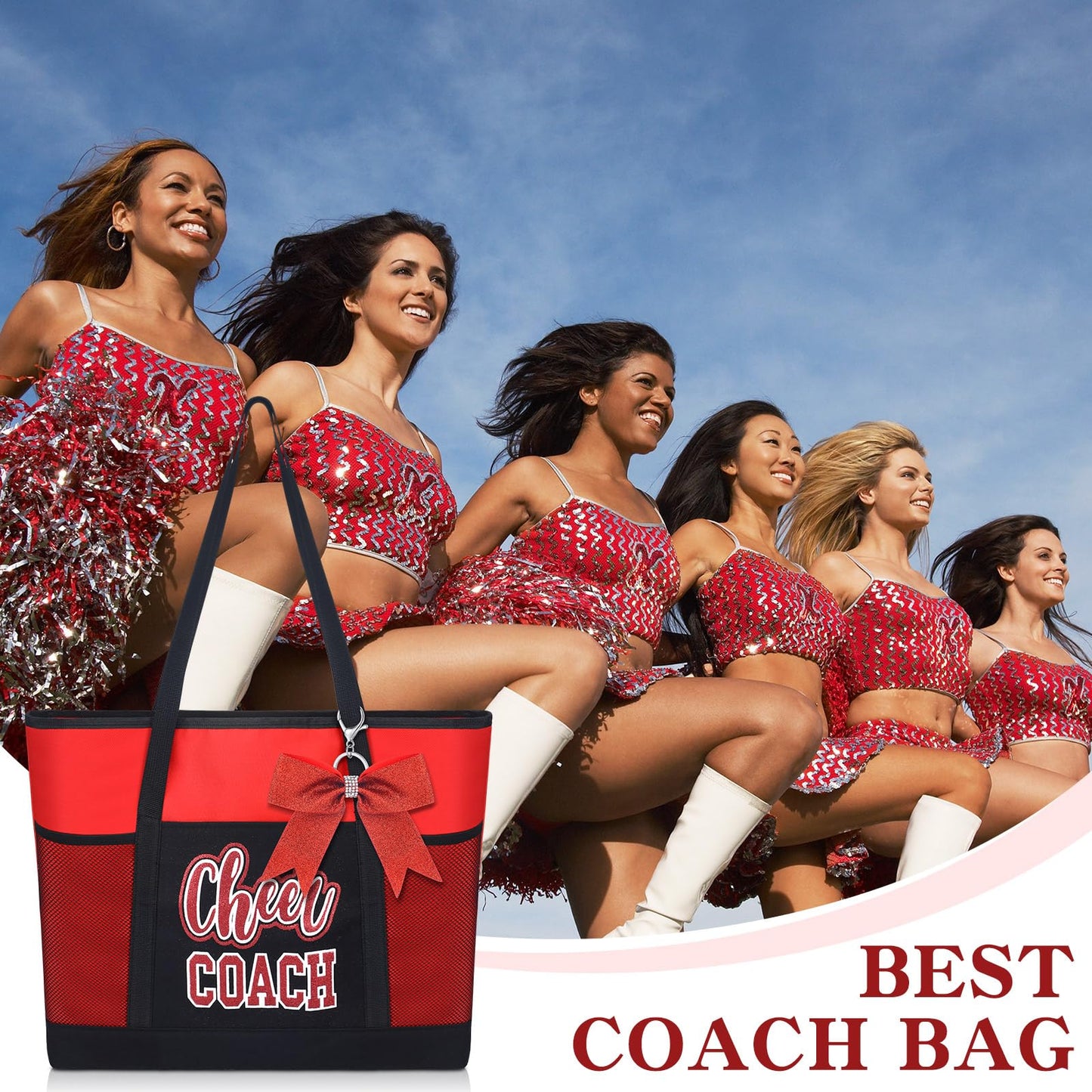 Cheer Coach Tote Bag for Women with Keychain Bow, 19.6x13.7x3.93'' Cheerleader Coach Bag Cheerleading Gift