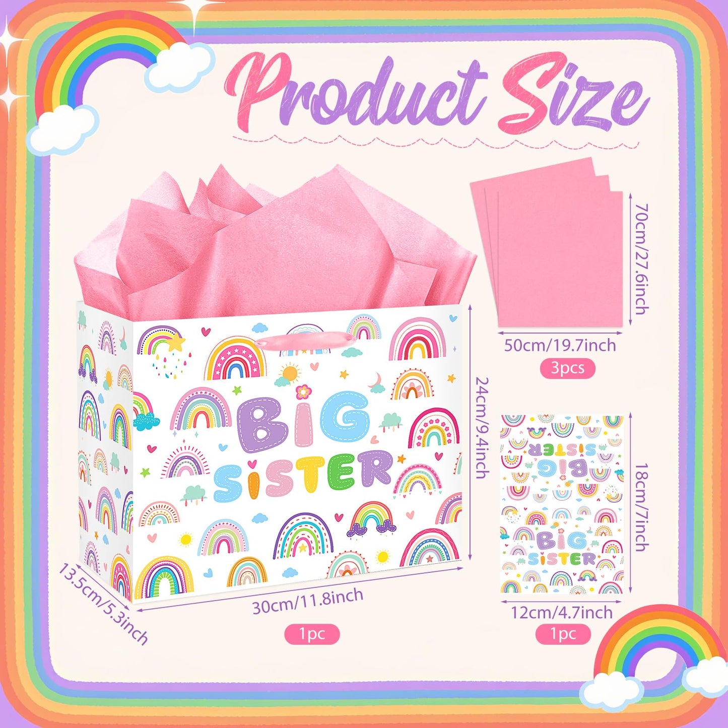 Big Sister Gift Bag for Girls, Cute Big Sister Gift Bag with Tissue Paper and Greeting Card Pink Wrapping Paper Cartoon Rainbow New Sister Party Decoration for Little Girl Birthday Party Supplies