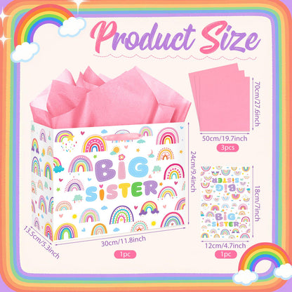 Big Sister Gift Bag for Girls, Cute Big Sister Gift Bag with Tissue Paper and Greeting Card Pink Wrapping Paper Cartoon Rainbow New Sister Party Decoration for Little Girl Birthday Party Supplies