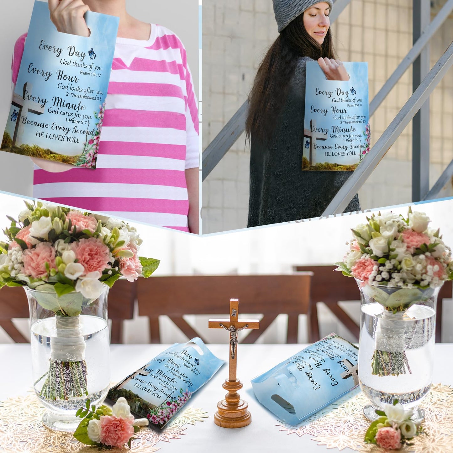 Yinder 50 Pcs Church Gift Bulk Plastic Religious Christian Welcome Treat Bags Goody Bags with Handles Bible Verse Gifts for Women Church Party Supplies Party Favor Decoration
