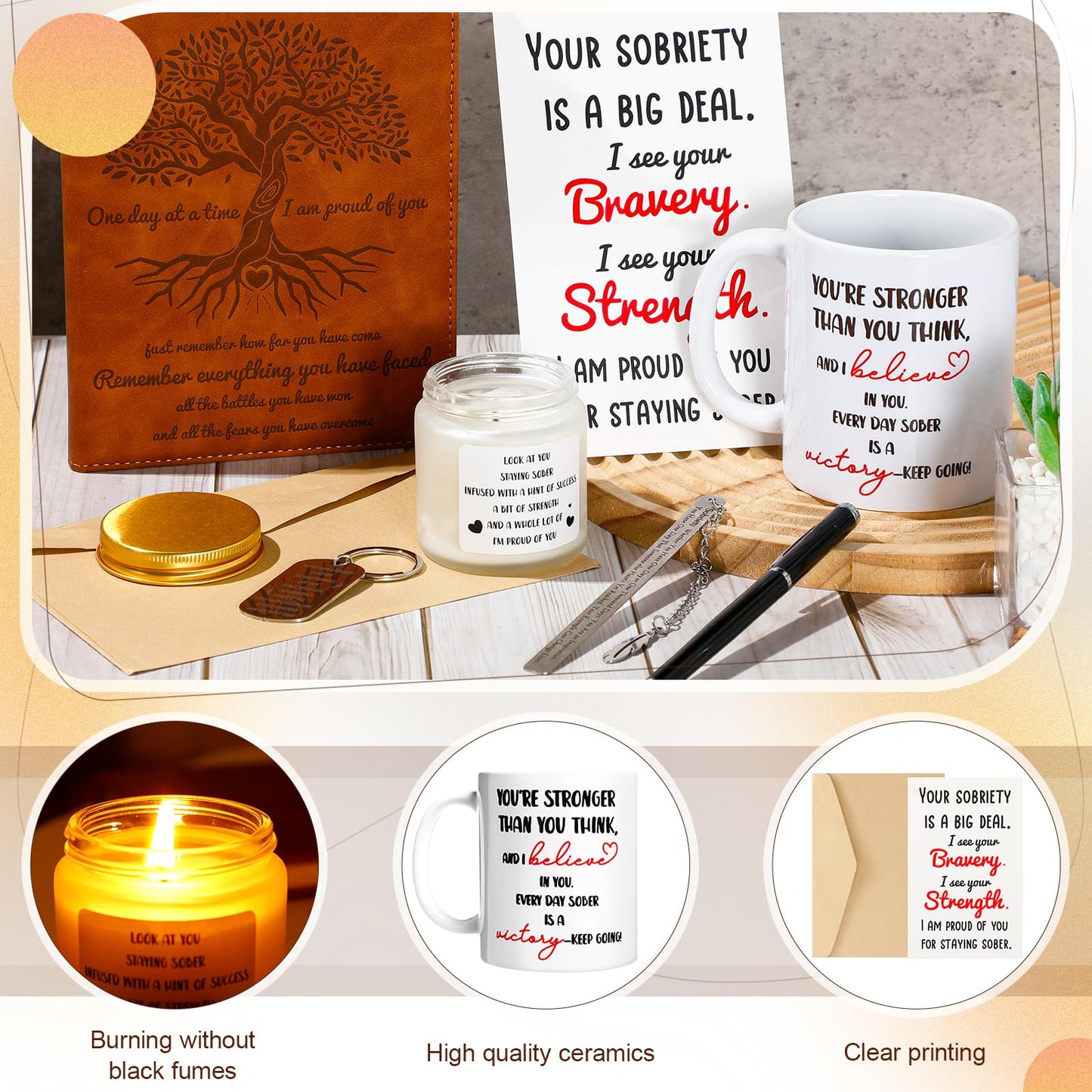 Marspark 7 Pcs Sobriety Gifts for Men Women Addiction Recovery Sober Anniversary Present Set Gifts Include Notebook Pen Candle Mug Keychain Greeting Card Bookmark