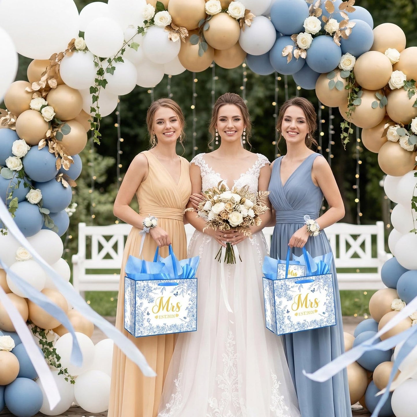 Woosytoo EST 2026 Mrs Bride Gift Bag Blue Bridal Shower Gift Bag with Tissue Paper and Card Mrs 2026 Wedding Gift Bag for Butterfly Bridal Shower Bachelorette Party Engagement Decor Supplies