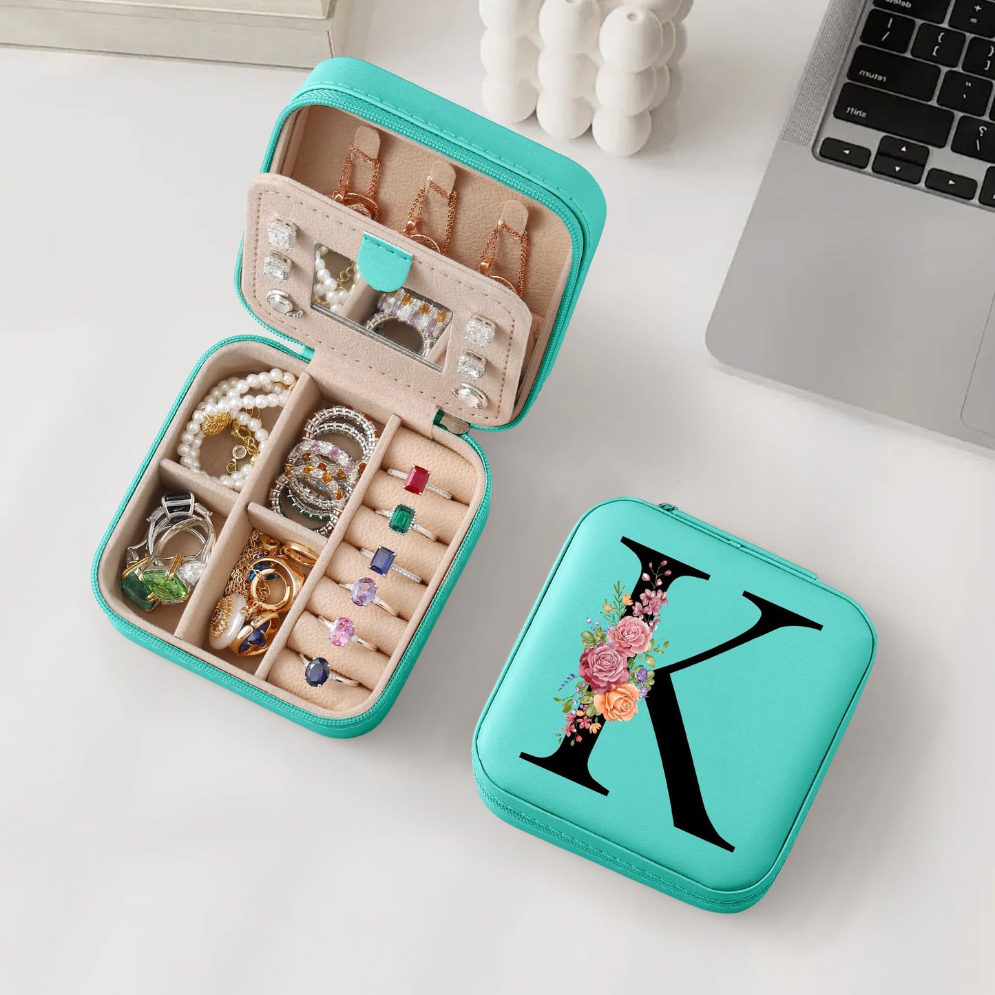 Parima Travel Jewelry Case Jewelry Box - Small Jewelry Organizer Travel Essentials Birthday Gifts for Friends Her Bridesmaids Teen Girls for Women Mom Girls Teenage Gifts Idea - Letter K, Blue