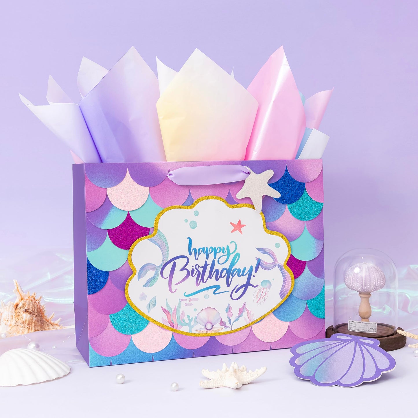 Crisky Mermaid Birthday Gift Bags for Girls with Tissue Paper and Seashell Card - 3 D Bling Design - Mermaid Gift Bag for Kids Women Birthday Decorations Purple Party Supplies Gifts Ideas