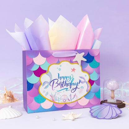 Crisky Mermaid Birthday Gift Bags for Girls with Tissue Paper and Seashell Card - 3 D Bling Design - Mermaid Gift Bag for Kids Women Birthday Decorations Purple Party Supplies Gifts Ideas