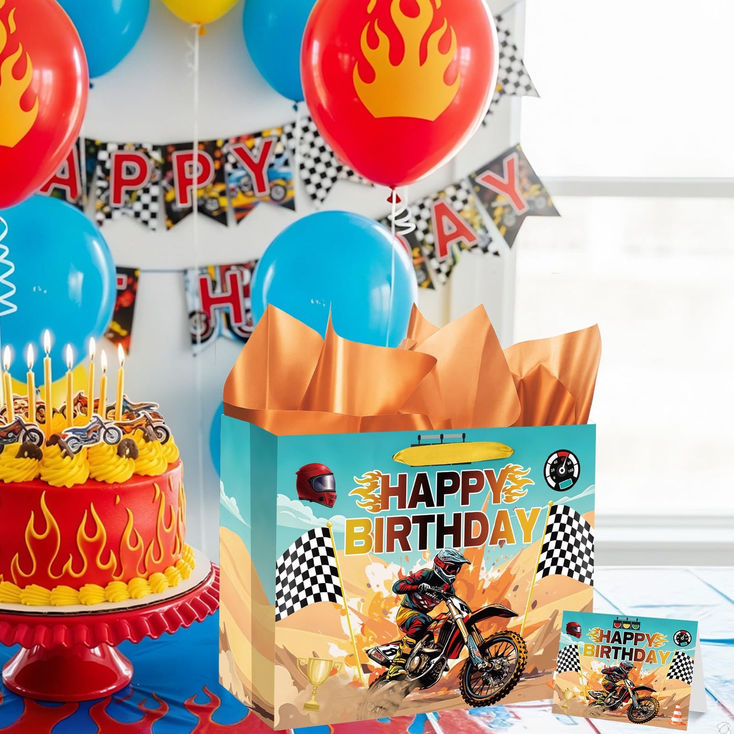 Woosytoo Dirt Bike Birthday Gift Bag for Boys Motorcycle Birthday Party Bag with Tissue Paper and Card Motorcycle Bday Party Decorations for Dirty Bike Bday Funny Games Party Supplies