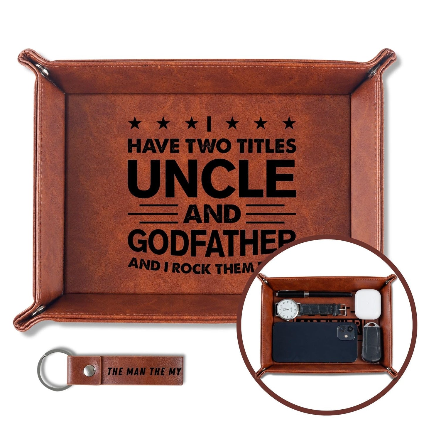 INNObeta Godfather Gifts Valet Tray, Desktop Storage Organizer PU Leather Bedside Tray Key Coin Holder for Godfather, Perfect for Birthday, Christmas Father's Day - I Have 2 Titles
