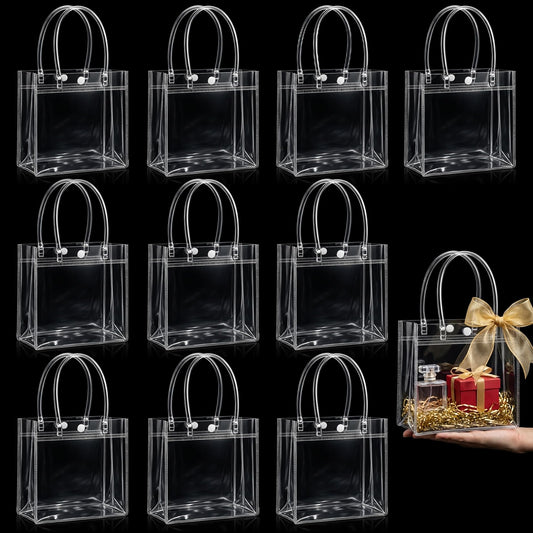 MAQIHAN Clear Gift Bags with Handles - 10 Party Favor Candy Bags, Plastic Goodie Bags Transparent, bolsitas, for Valentines, Mother's Day, Christmas, Baby Shower, Wedding, Birthday, Mini 5.9'' x 6.3''