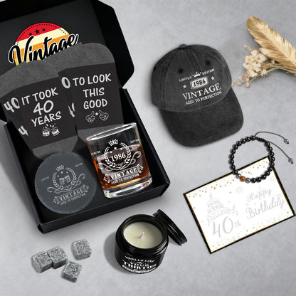 40th Birthday Gifts for Men, Unique Gift Ideas for 40th Birthday Men Who Have Everything, 1986 40 Year Old Birthday Gift Baskets for Man Whiskey Glass Baseball Cap Socks Toilet Paper