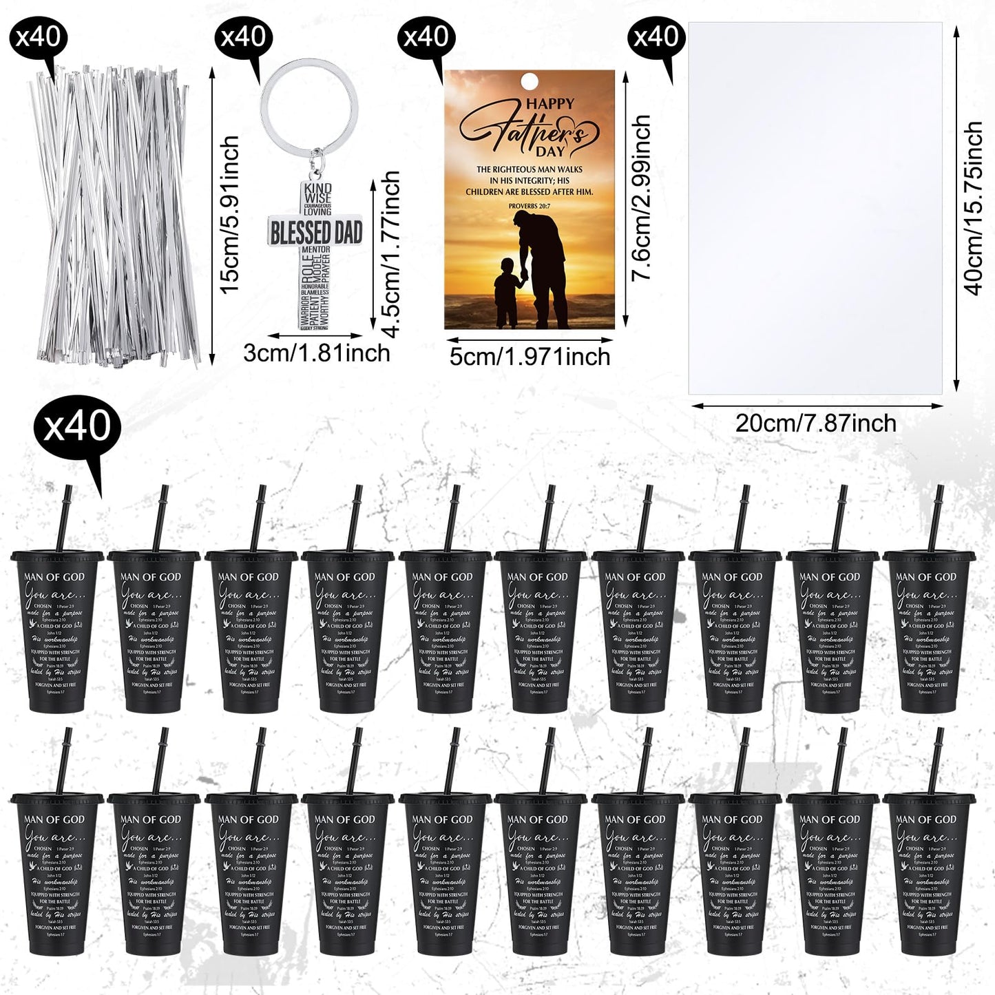 Skylety 40 Sets Father's Day Cup Gift Set Inspirational Christian Gift Bible Verse Tumbler Bulk Cups with Lids and Straws 24 oz Plastic Tumbler Religious Plastic Cup for Church Party Favor