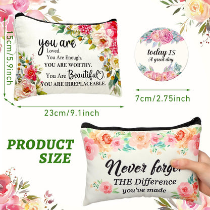 Kacctyen 20 Pcs Floral Inspirational Gifts Canvas Cosmetic Bags Compact Mirrors Makeup Bags Thank You Travel Toiletry Pouch Bulk Mothers Day Gift for Church Mom Women Teacher Coworker Employee