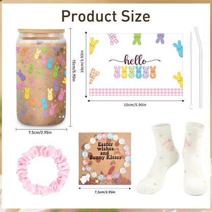 Easter Gifts for Teen Girls & Women, 5 Pcs Easter Basket Stuffers, Bunny Gift Set with 16oz Rabbit Glass Tumbler, Cute Greeting Card, Bracelet, Hair Scrunchie, Socks