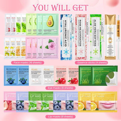 Gifts for Women Face Mask Skin Care Set 36 Pcs Teens Girl Gifts Moisturize,Hydrate Face Mask Set Spa Gift Set Self Care Valentines Mothers Day Birthday ( Face Masks, Lip & Eye Patches, Face Essense)