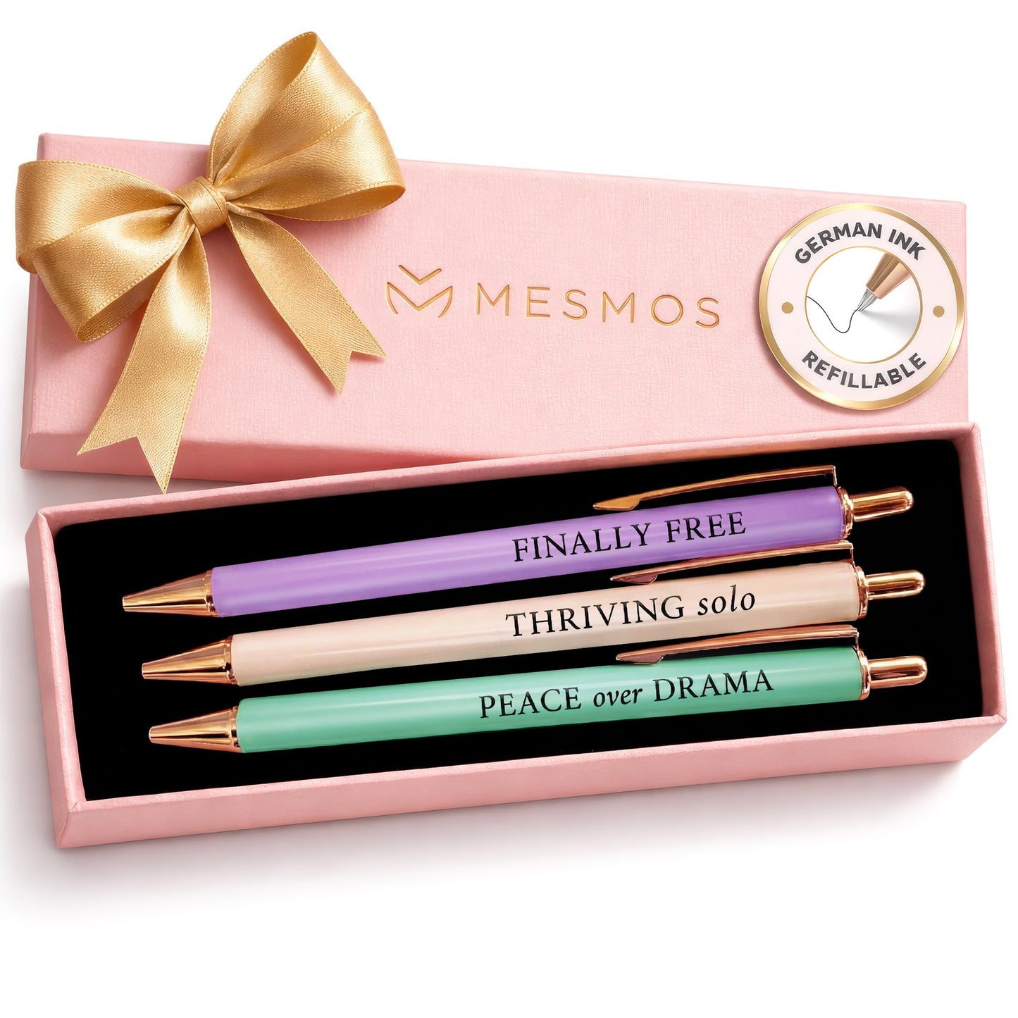 MESMOS 3pcs High End Luxury Happy Divorce Gifts for Women, Strong Woman Gifts, Gift to Cheer Someone up Women, Break up Gift for woman, Boss, & Friends. German-Ink & 1mm Swiss-Tip Motivational Pens