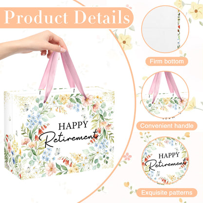 MOIZYNG Retirement Gift Bag with Handles, Tissue Paper and Greeting Card, Floral Happy Retirement Wrapping Paper for Men Women Office Coworker Farewell Going Away Party Favors