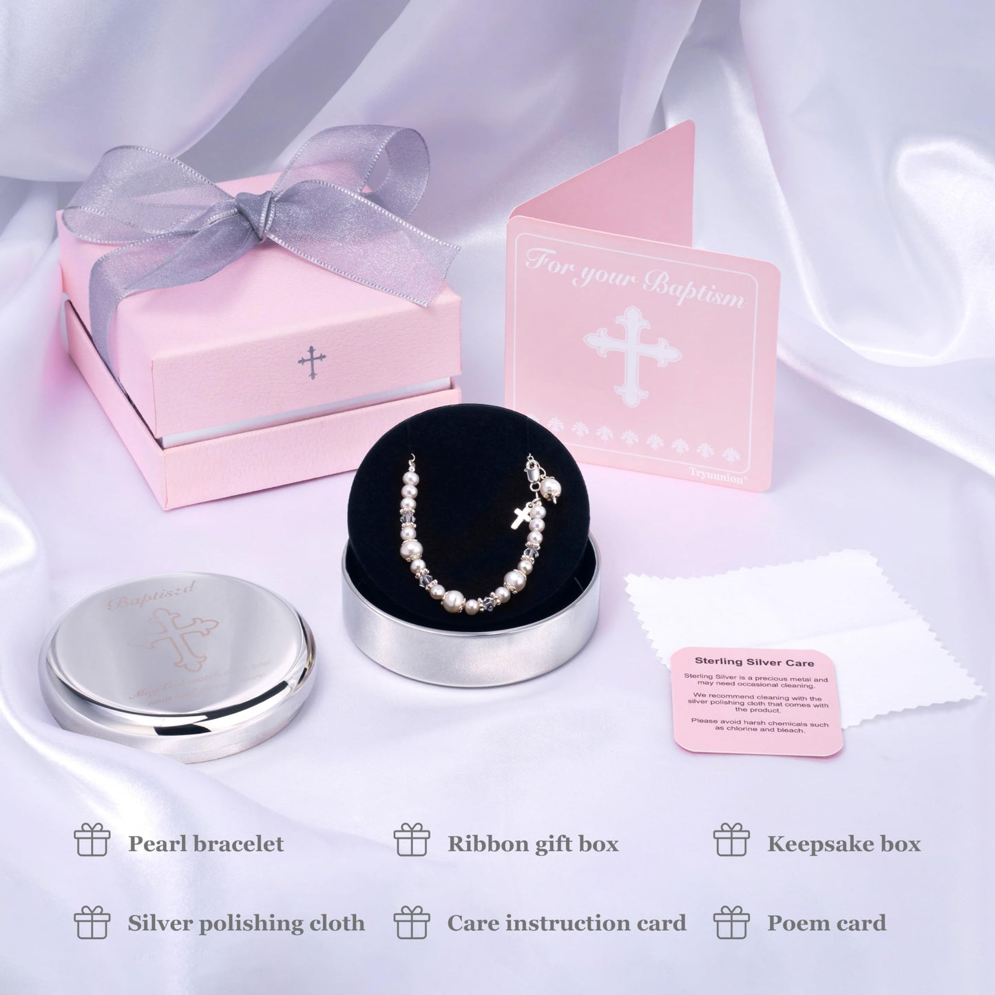 Tryuunion Baptism Bracelet in 925 Sterling Silver and Cultured Pearls for Baby Girls, with Silver-plated Jewelry Keepsake Box, Great Catholic Christening and Baptism Gifts for Girl