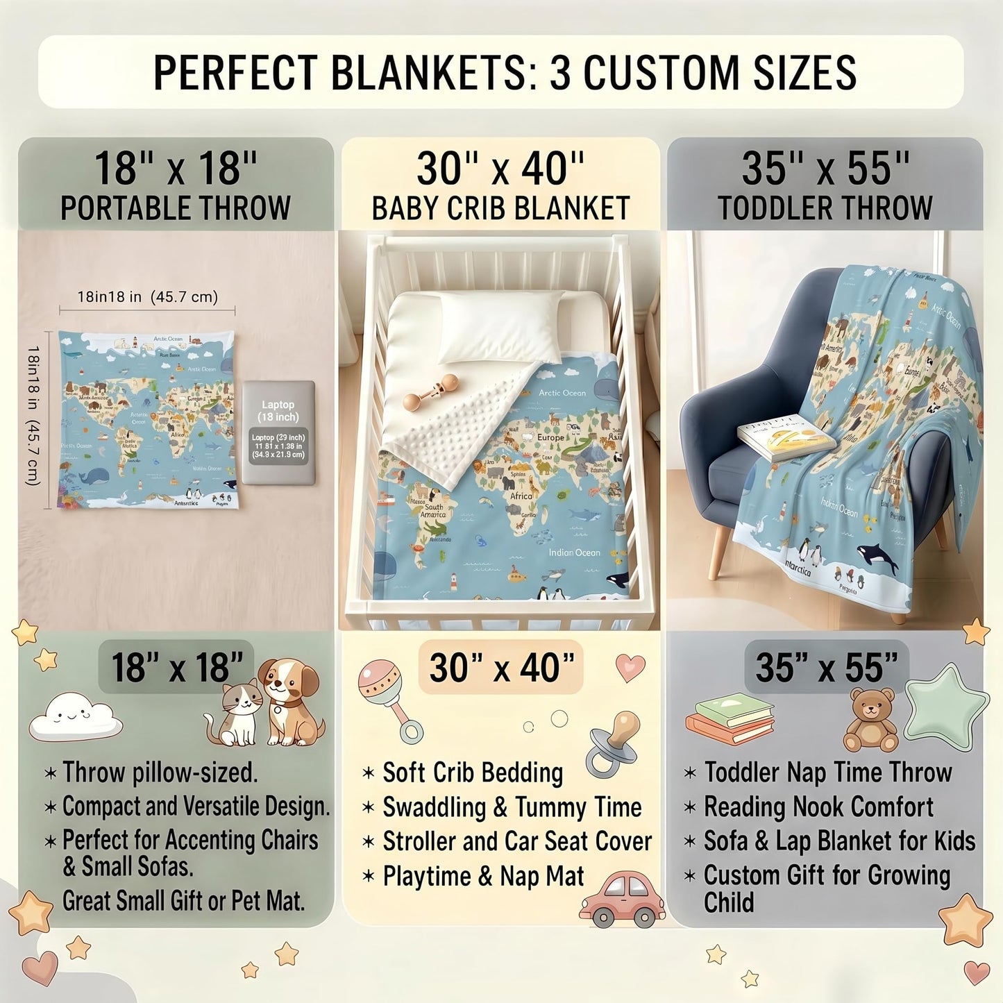 Ship Next Day Personalized Cotton Minky Baby Blanket with Name Text Custom Handmade Embroidered Blankets Customized Anniversary Picture Gift Throw for Boy Girl Kid Dad Mom Mama (World Map)
