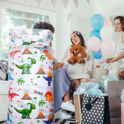 Teling 2 Pcs Large Dinosaur Plastic Gift Bags 70"x 40" Oversized Plastic Storage Bags with 2 Rolls Ribbons for Birthday Party, New Parents Shower, Bicycle Bike, Holiday