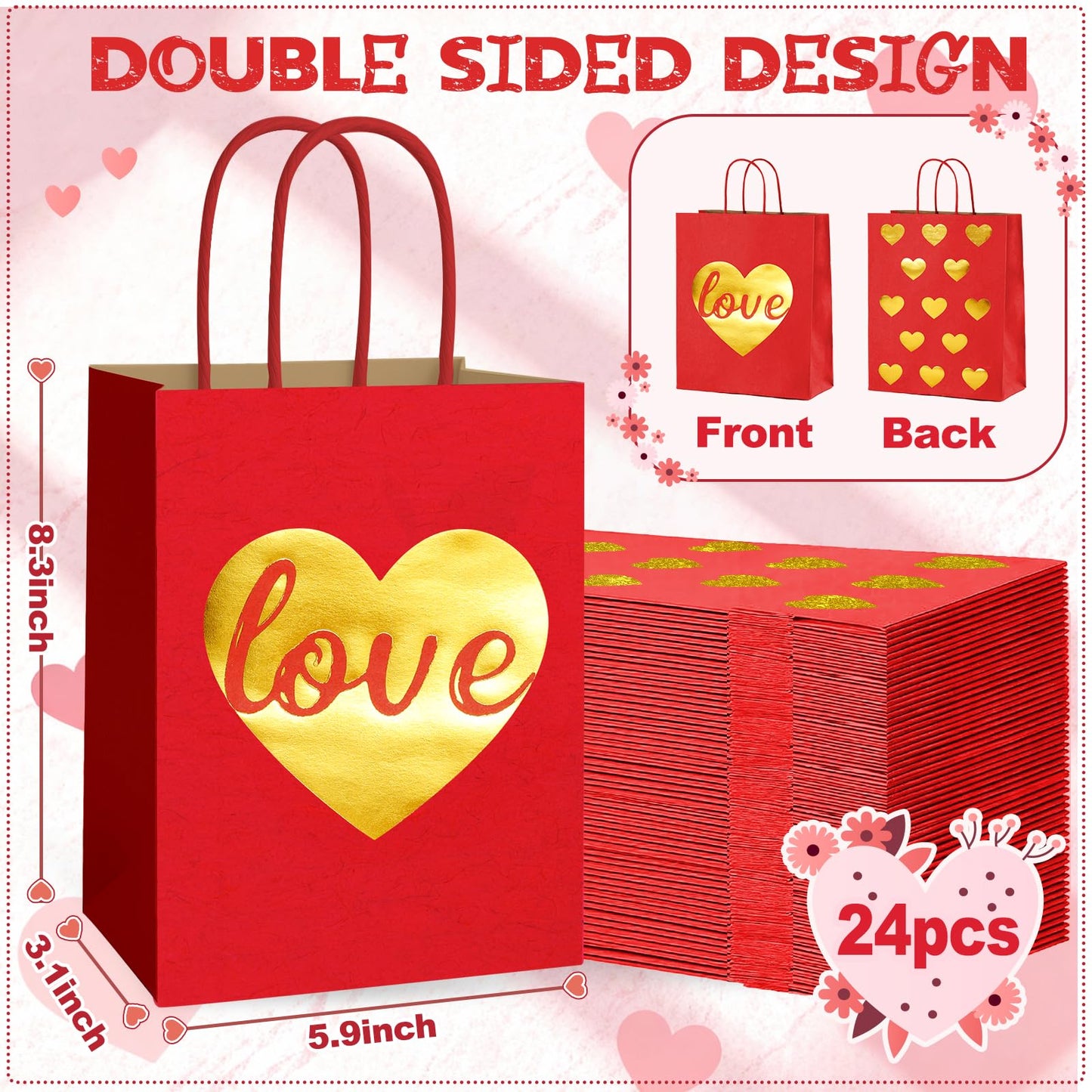 FOGWOWO 24 Pcs Valentines Gift Bags with Foiling Gold Heart in Red Gift Bags Valentines Bags Love Gift Bag Kraft Paper with Handles Goodie Bag for Wedding Birthday Holiday Party Wrapping Supplie