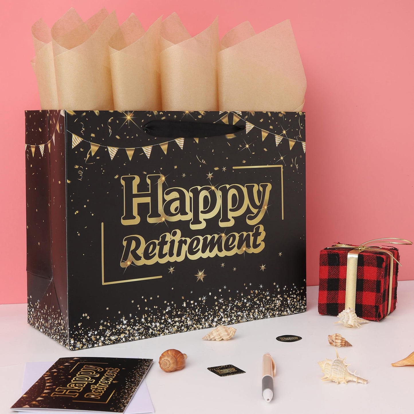 13'' Large Black Retirement Gift Bag Set with Handles, Greeting Card, Tissue Papers and Stickers for Men Women Office Coworker, Farewell Going Away Party, Happy Retirement Design, 1 Pcs