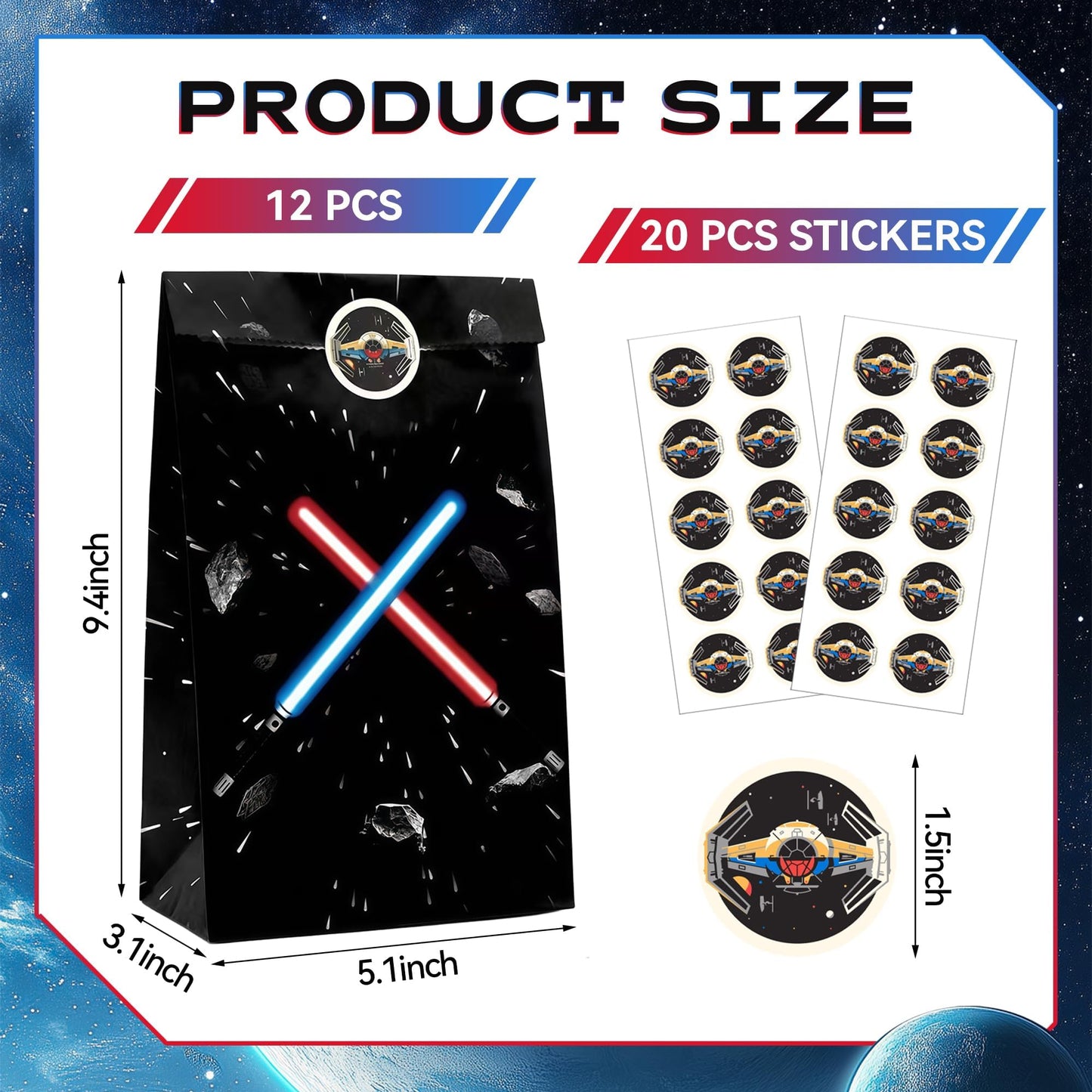 FestiVex 12Pcs Black Galaxy Goodie Paper Bags with Airship Stickers, Space Themed Candy Bags for Birthday Party Favors, Baby Shower, Video Game Party Decorations for Kids and Teens (12)