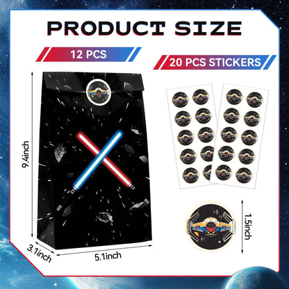 FestiVex 12Pcs Black Galaxy Goodie Paper Bags with Airship Stickers, Space Themed Candy Bags for Birthday Party Favors, Baby Shower, Video Game Party Decorations for Kids and Teens (12)