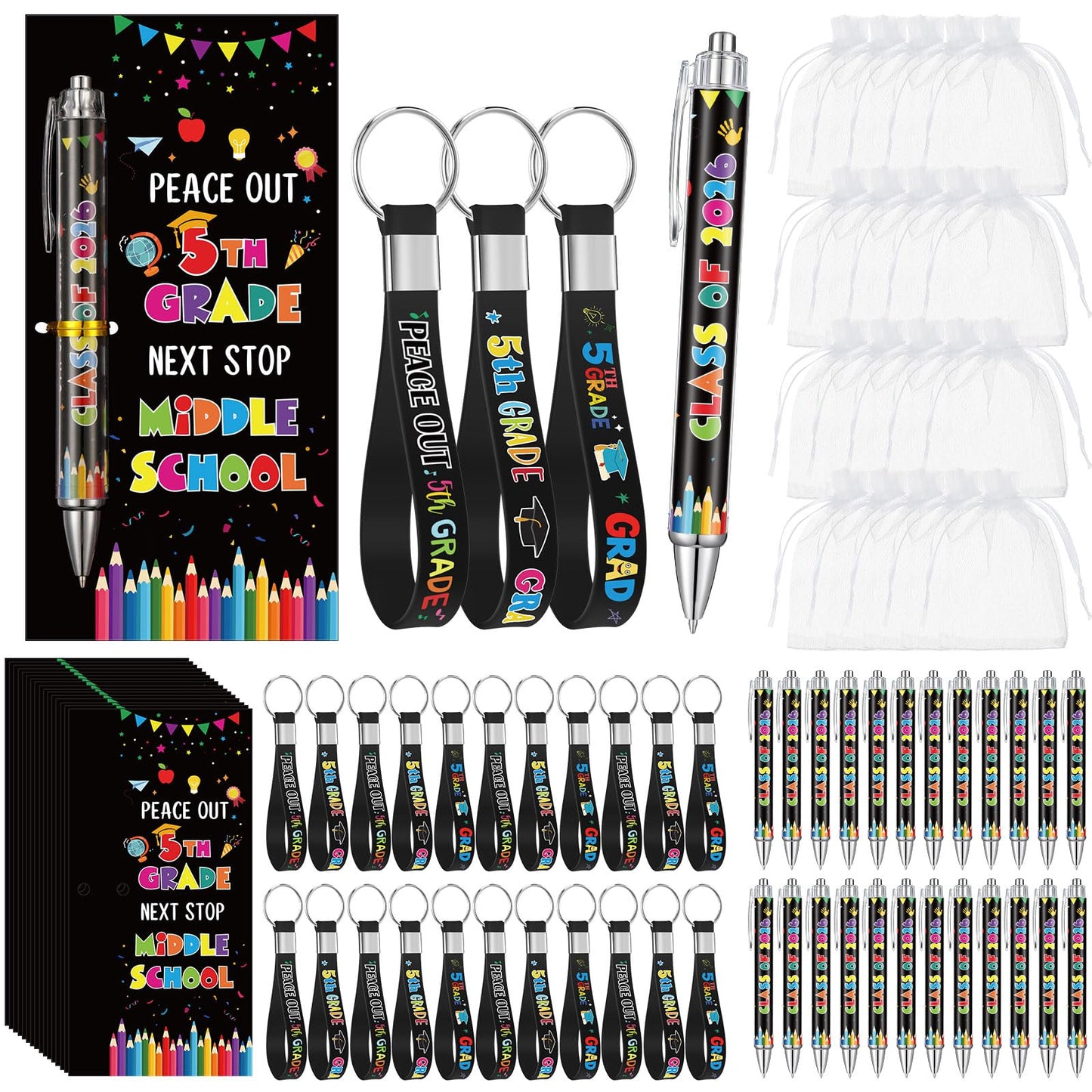 Sayglossy 24 Set 5th Grade Graduation Party Decorations Bulk Class of 2026 Ballpoint Pens Silicone Keychain with Inspirational Greeting Cards Fifth Grade Graduation Party Supplies for Students Gifts