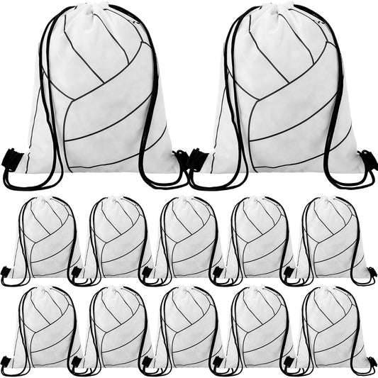 Dansydaisy 12 Pcs 12 In Volleyball Drawstring Backpack Bag Goodie Snack Gift Bags Sports Party Favors String Backpack Bulk(White)