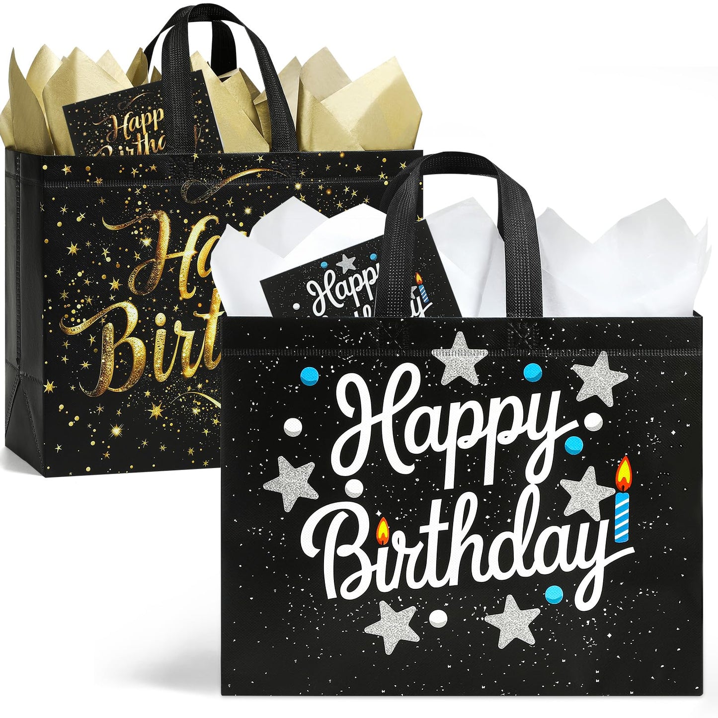 STYPOP 2 Pack 13" Large Birthday Gift Bags with Tissue Paper & Cards, Reusable Non-Woven Happy Birthday Bags with Handles, Perfect Gifts for Men, Boy, Kids, 12.8" x 10.2" x 6.3"