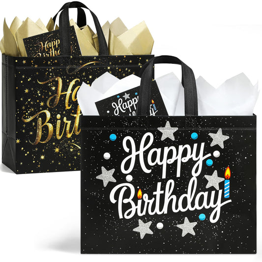 STYPOP 2 Pack 13" Large Birthday Gift Bags with Tissue Paper & Cards, Reusable Non-Woven Happy Birthday Bags with Handles, Perfect Gifts for Men, Boy, Kids, 12.8" x 10.2" x 6.3"