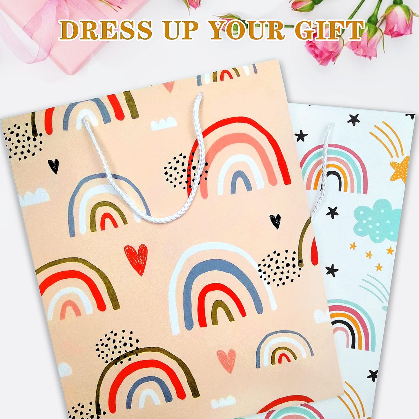 Gift Bag for Girls, Birthday Large Gift Bag Bulk Set Included 2 Pack Paper Gift Bags with Tissue Paper, Rainbow Gift Bags for Kids, Baby, The Colorful Pink Red Gift Bags with Handles, The Pretty Present Bag Gift Bags for Birthday, Party, Baby Shower...
